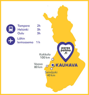 Suomen kartta, jossa näkyy etäisyydet Kauhavalta Kokkolaan 100 km, Seinäjoelle 40 km ja Vaasaan 80km. Lisäksi on mainittu junamatkojen ajat Tampere 2h, Helsinki 3h ja Oulu 3h. Lähimmälle lentokentälle on tunnin ajomatka.